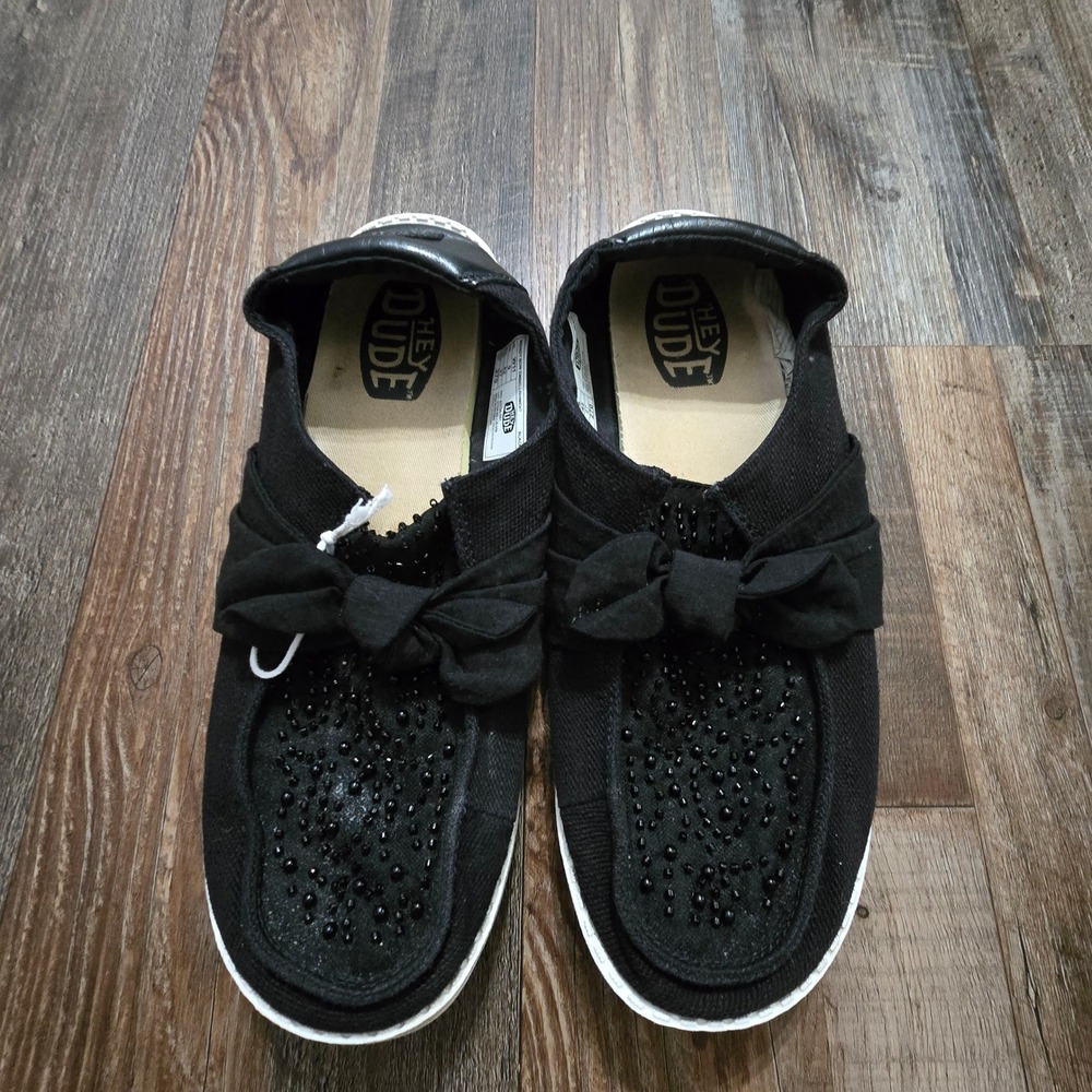 Hey Dude Wendy Boho Embellished Loafers Womens 11 Black Beaded Bow Slip On Shoes